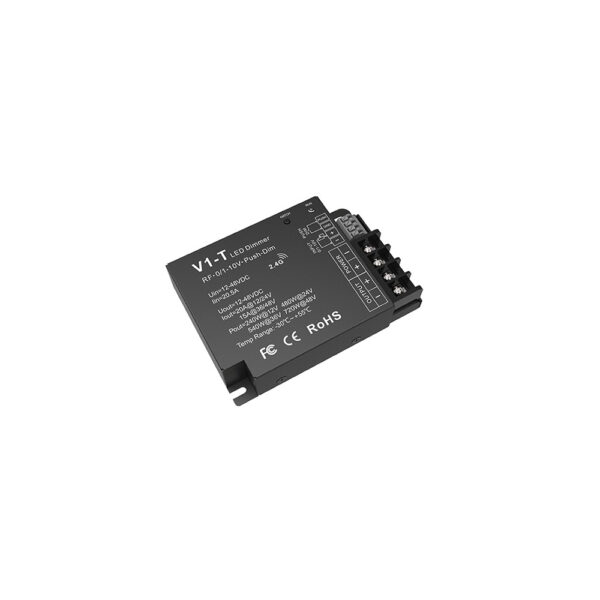 3-in-1 nuolatinės įtampos LED pritemdymo valdiklis V1-T (RF / 0-10V / Push Dim) 4x8A 12-48V