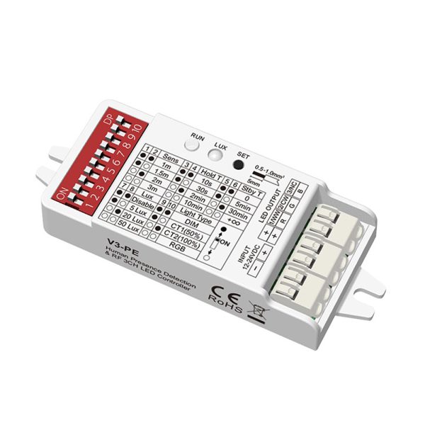 3 kanalų LED valdiklis su 24GHz mikrobangų būvio jutikliu - davikliu V3-PE + RF2.4GHz